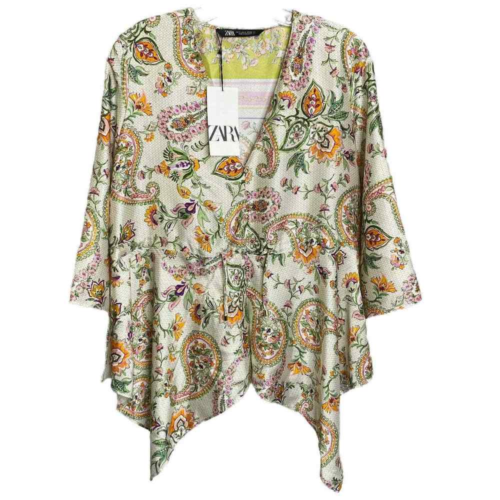 Zara Women's Blouse Long Sleeve Cream Orange Green Floral Paisley V-Neck‎ S NWT